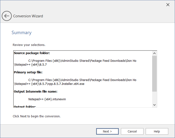 Conversion Wizard / Summary Panel