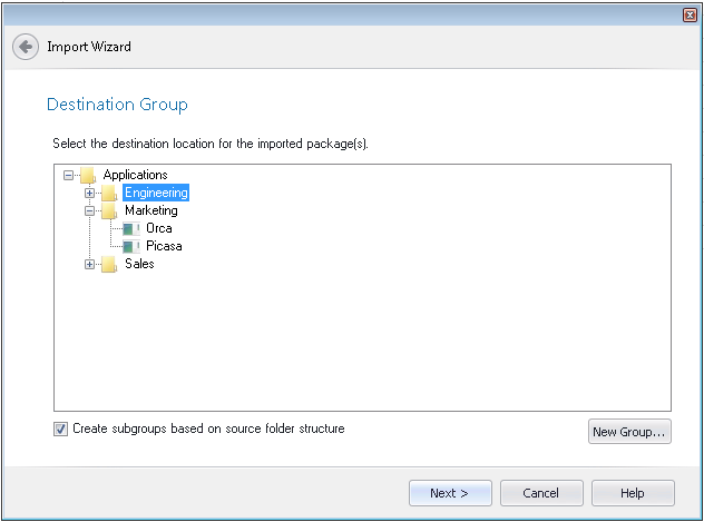 Import Wizard / Destination Group Panel