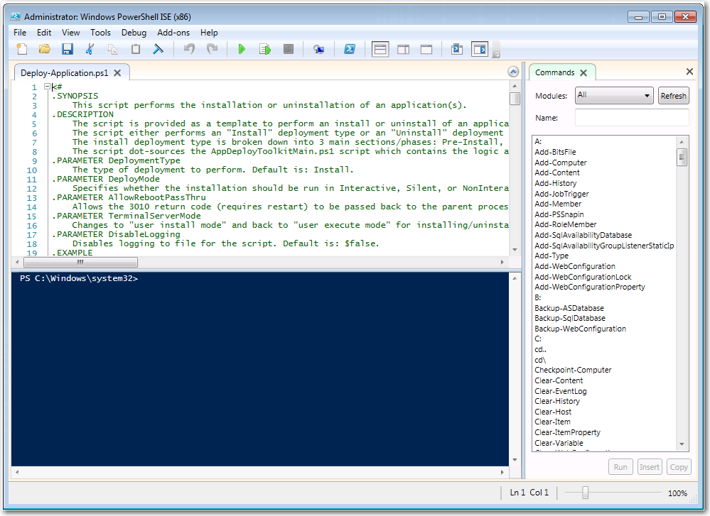 PowerShell Script Template File, Deploy-Application.ps1, in Windows PowerShell ISE
