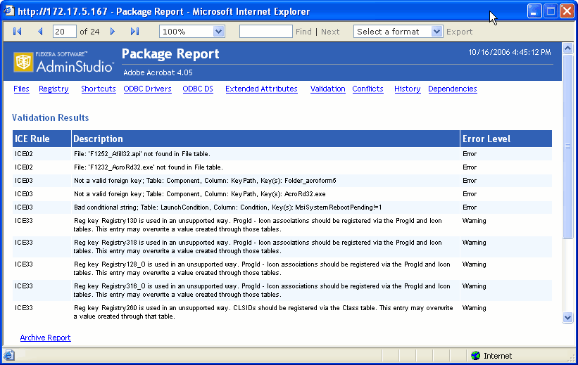 Package Report / Validation View